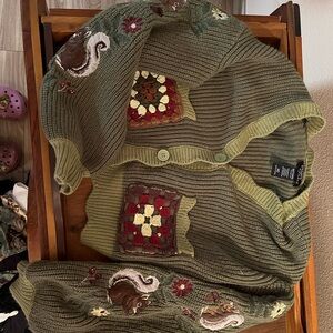 Green Cardigan with Squirrel and Floral Embroidery